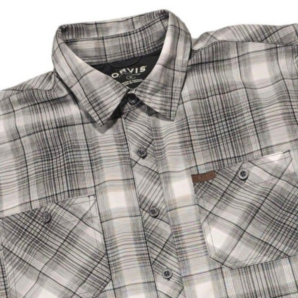 Orvis Classic Collection Shirt Mens Medium Gray Plaid Polyester Short Sleeve